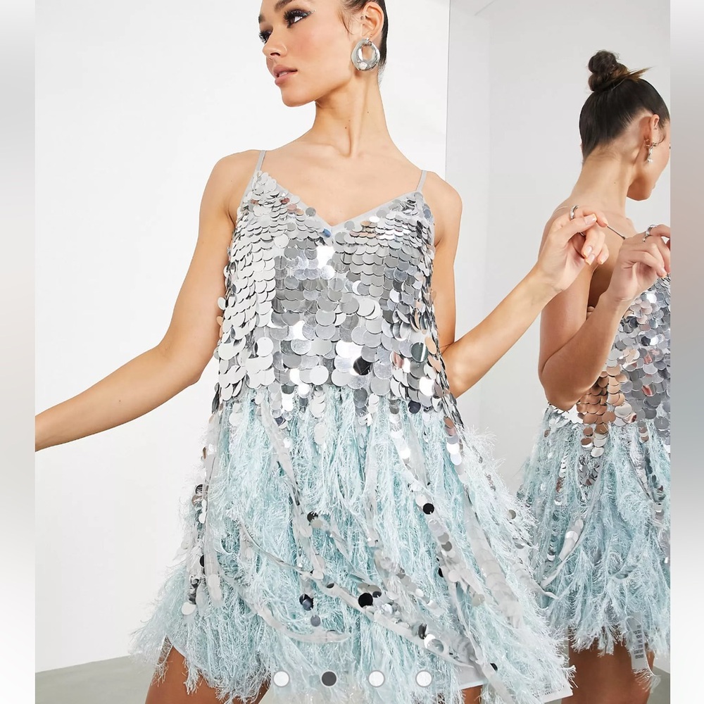 ASOS edition mini dress - sequin and faux feather in silver and blue
